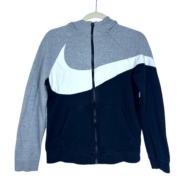 Vintage Y2K Nike Big Swoosh Hoodie Track Jacket Sweatshirt Gray Black Full Zip - Picture 1 of 9